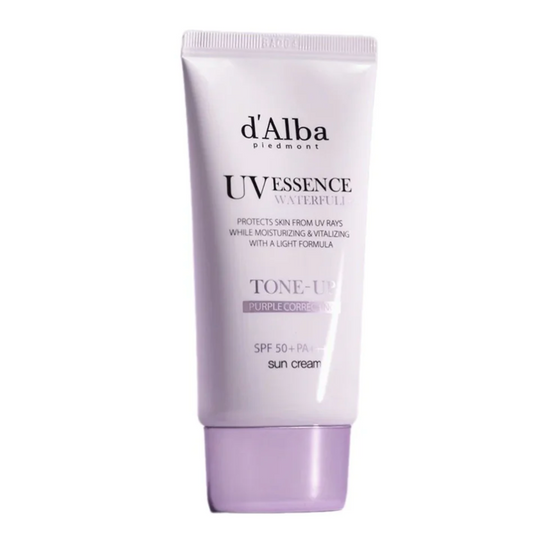 Buy 1 Get 1 Free! Purple tone-up suncare essence protecting skin from UV rays while moisturising and vitalising