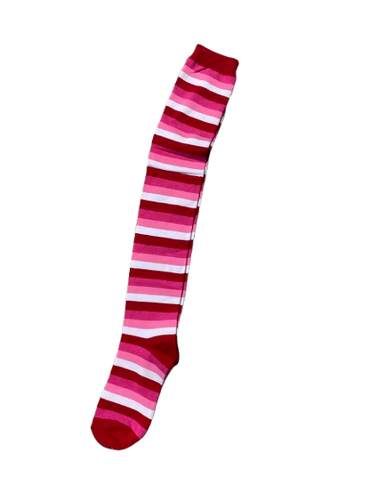 Women Thigh High Socks White Pink Striped Fashionable Socks Ladies Girls Size 2-8