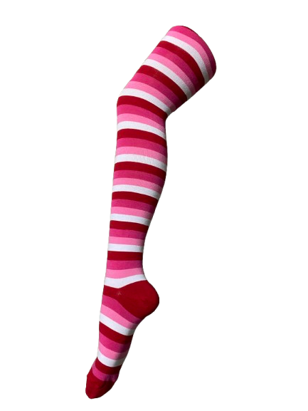 Women Thigh High Socks White Pink Striped Fashionable Socks Ladies Girls Size 2-8